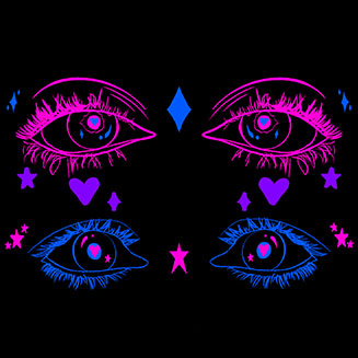 Neon pink and blue illustrated eyes with hearts, stars, and sparkles arranged symmetrically on a black background.
