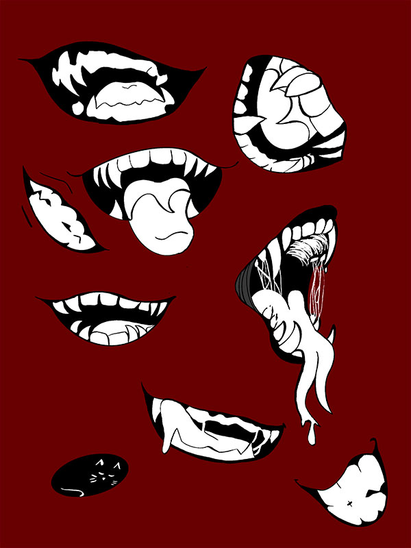 Black-and-white cartoon illustrations of stylized mouths arranged on a solid red background. The mouths vary in expression and form: some show sharp teeth, some are open wide with tongues extended, one has a long tongue dripping downward. There is also a dogs mouth with drool all down the sides and a small black oval with a simple cat face. The overall style is bold, graphic, and slightly surreal.