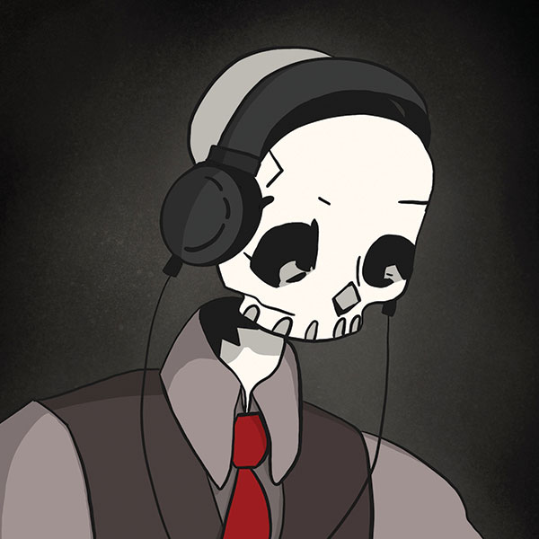 Cartoon-style skeleton wearing headphones, a dress shirt, vest, and red tie against a dark background.
